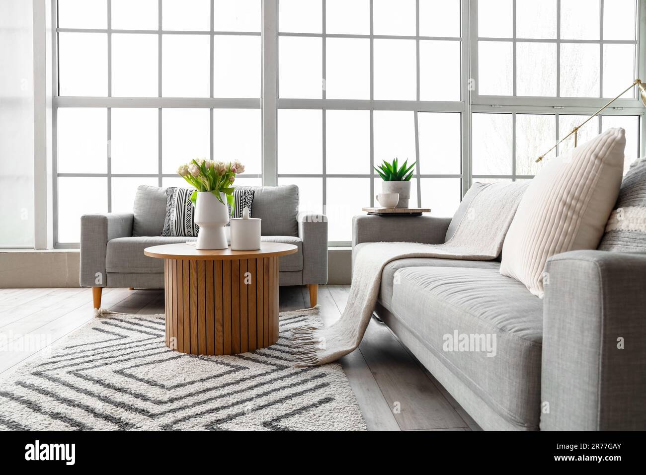 Interior of bright living room with cozy sofas and coffee table near ...