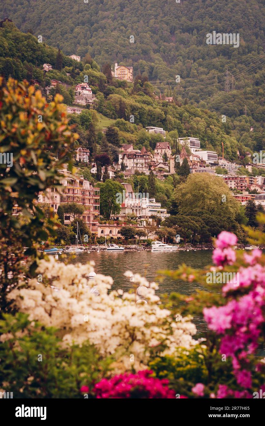 Spring landscape of Montreux city, Lake Geneva, Switzerland Stock Photo