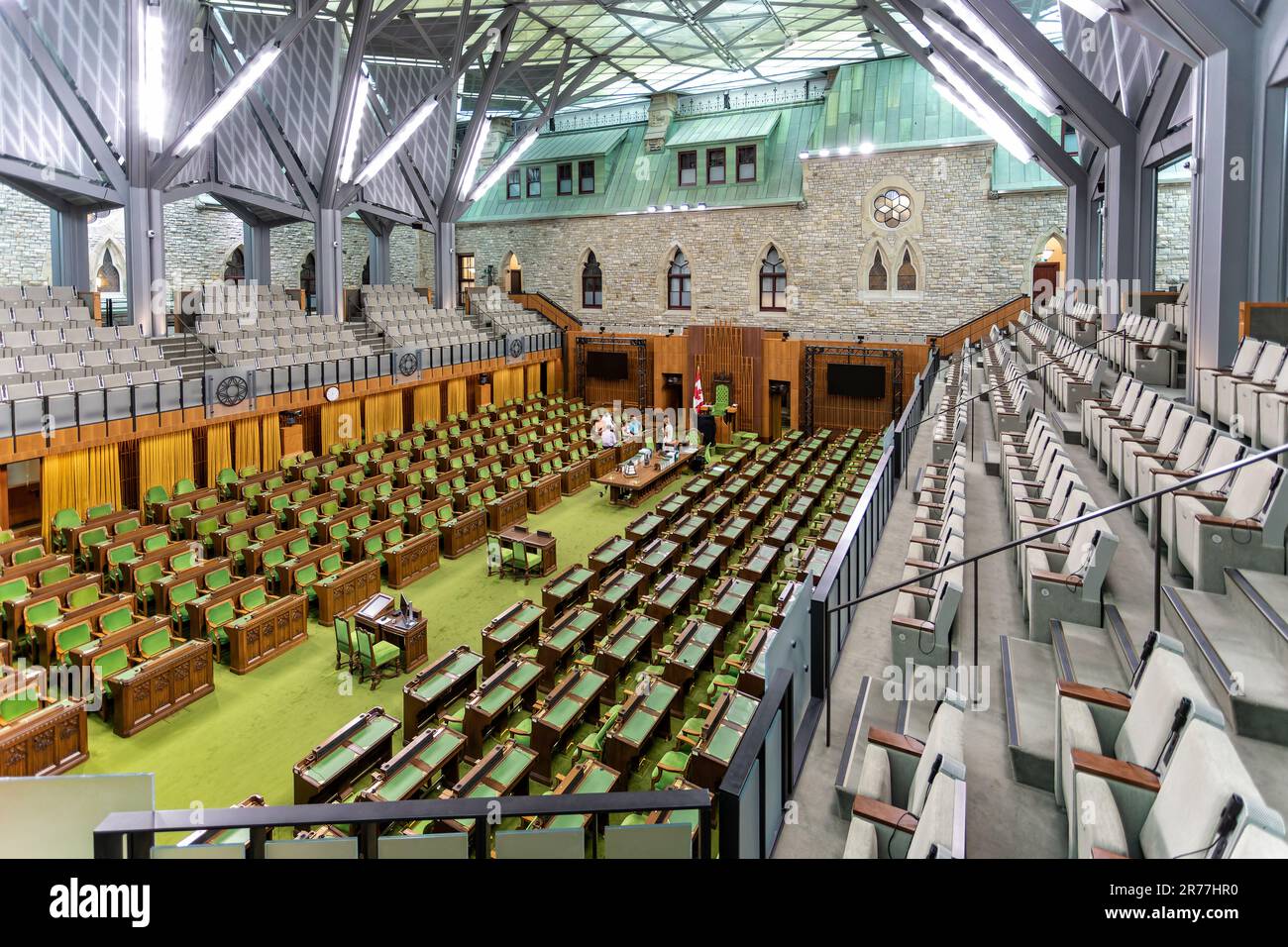 Inside the temporary Canada House of Commons Chamber in the West Blcok on Parliament Hill in Ottawa, Ontario, Canada on 27 May 2023 Stock Photo