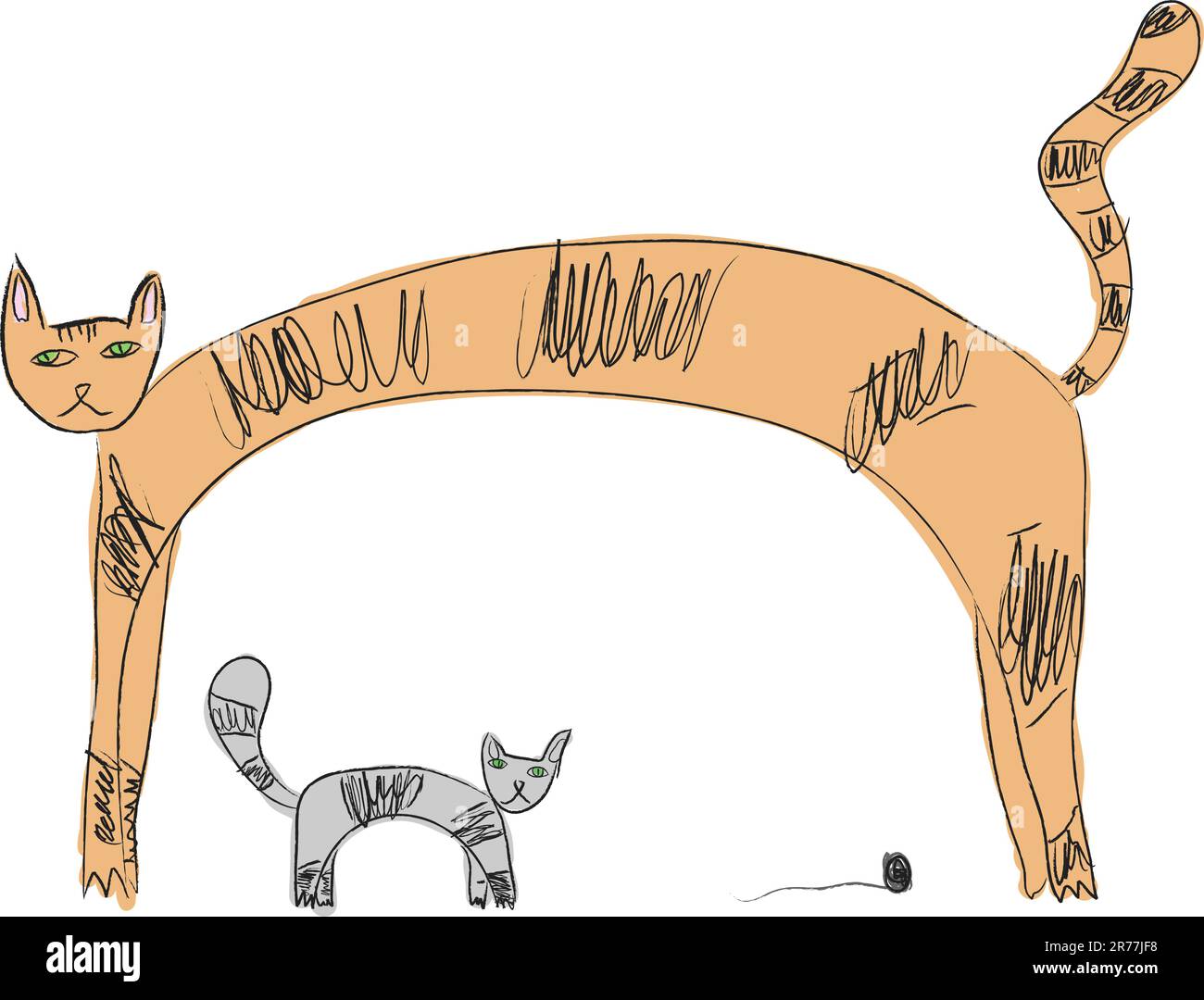 Two cats in the style of children's drawings. Vector illustration Stock Vector