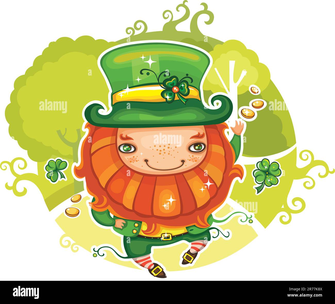 Vector illustration of St. Patrick's Day symbol, Leprechaun with shamrocks and coins, dancing at the magical forest. Can be used as greeting card. Stock Vector