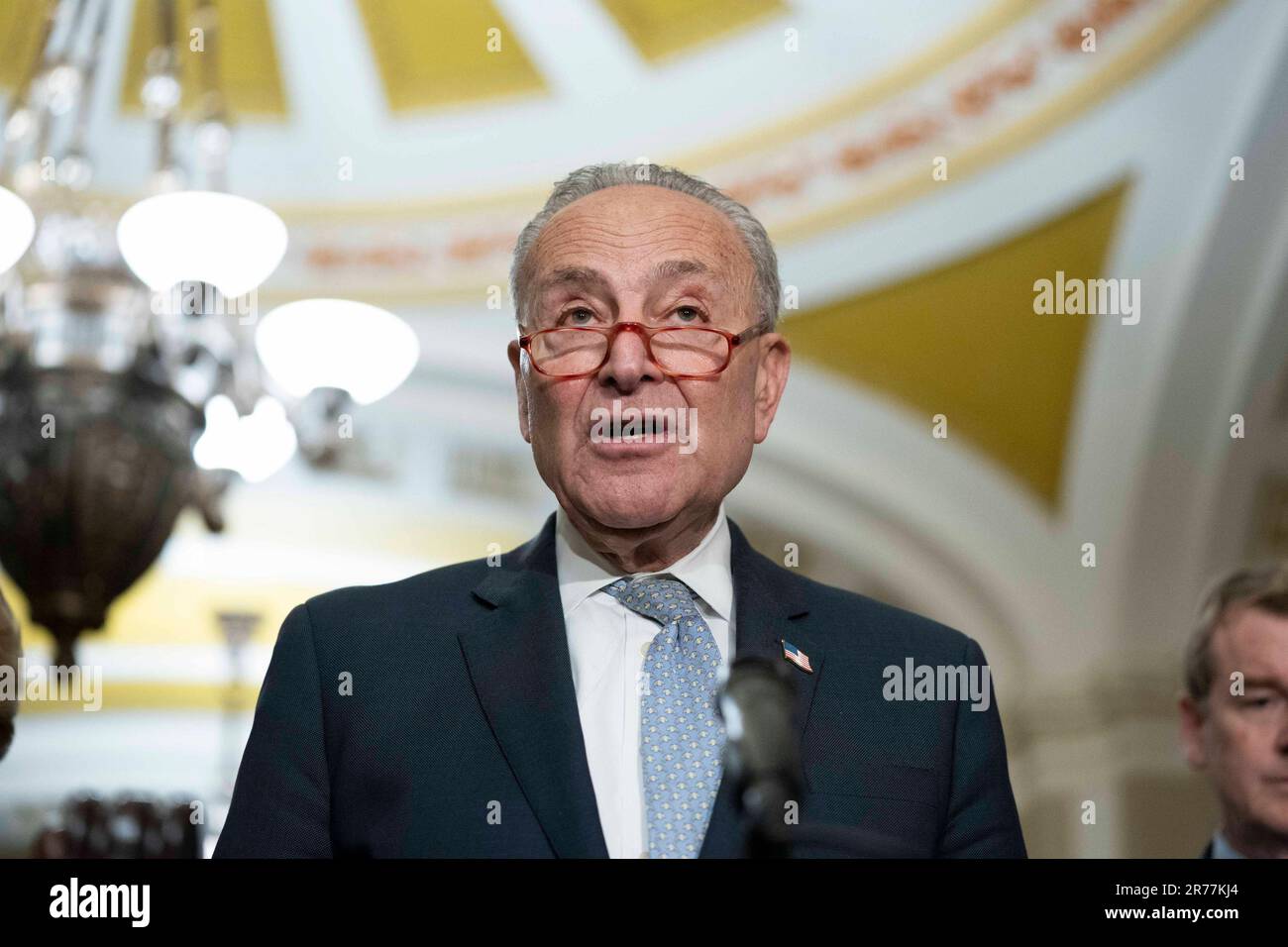 Washington, United States. 13th June, 2023. Senate Majority Leader Chuck Schumer, D-NY, speaks during a press conference after weekly caucus luncheons at the U.S. Capitol in Washington, DC on Tuesday, June 13, 2023. Photo by Bonnie Cash/UPI Credit: UPI/Alamy Live News Stock Photo