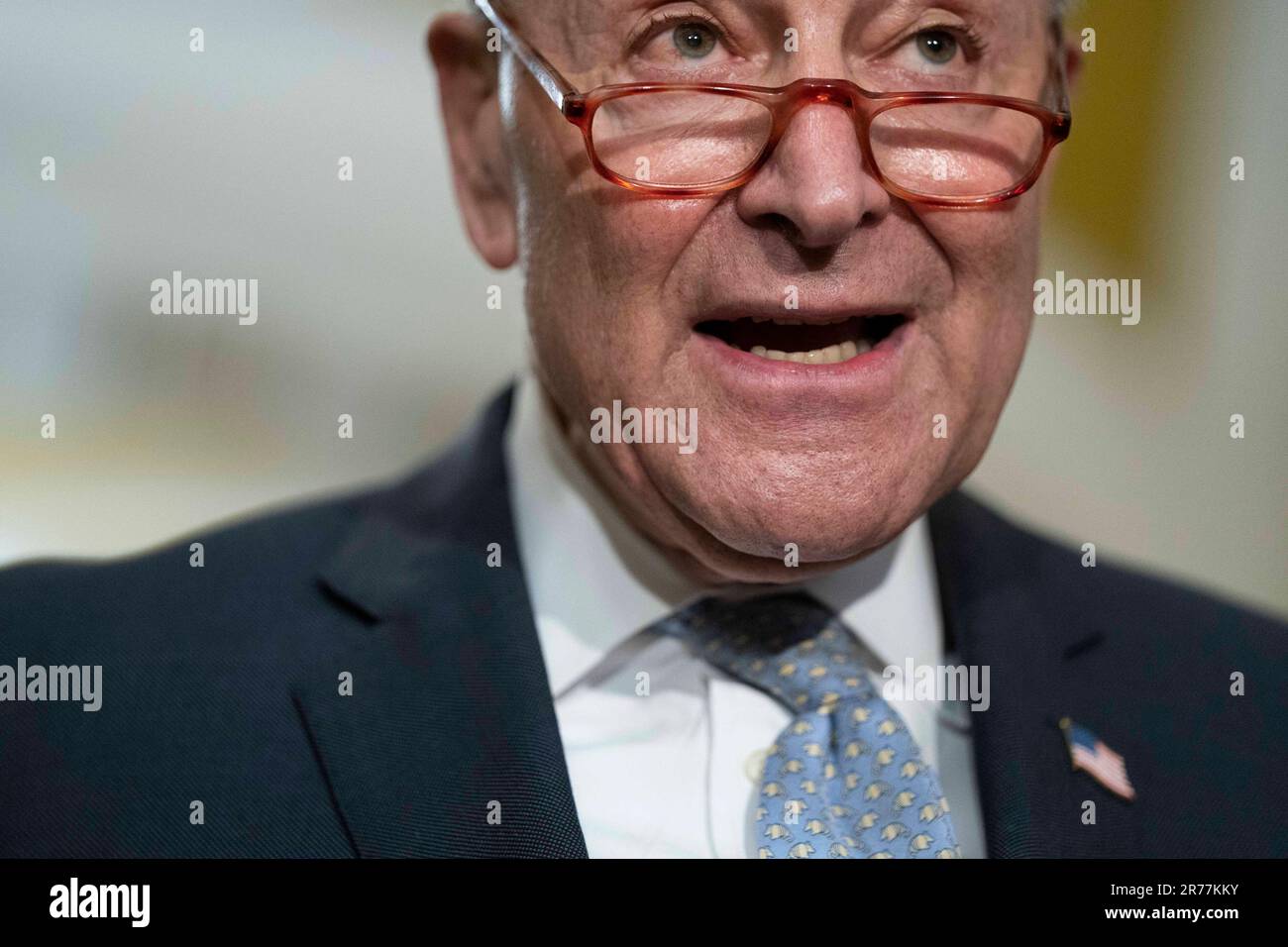 Washington, United States. 13th June, 2023. Senate Majority Leader Chuck Schumer, D-NY, speaks during a press conference after weekly caucus luncheons at the U.S. Capitol in Washington, DC on Tuesday, June 13, 2023. Photo by Bonnie Cash/UPI Credit: UPI/Alamy Live News Stock Photo