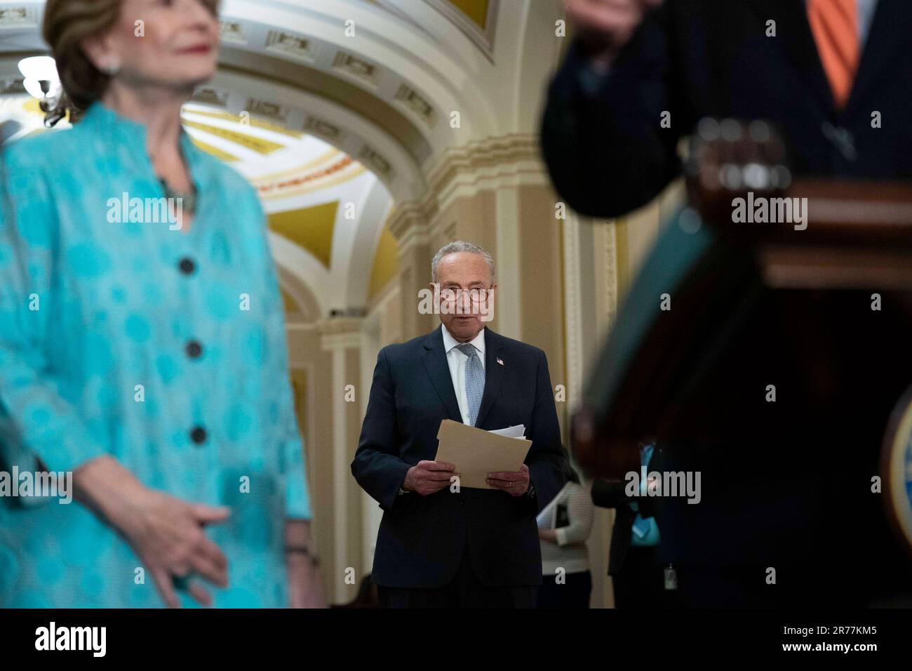 Washington, United States. 13th June, 2023. Senate Majority Leader Chuck Schumer, D-NY, looks on during a press conference after weekly caucus luncheons at the U.S. Capitol in Washington, DC on Tuesday, June 13, 2023. Photo by Bonnie Cash/UPI Credit: UPI/Alamy Live News Stock Photo