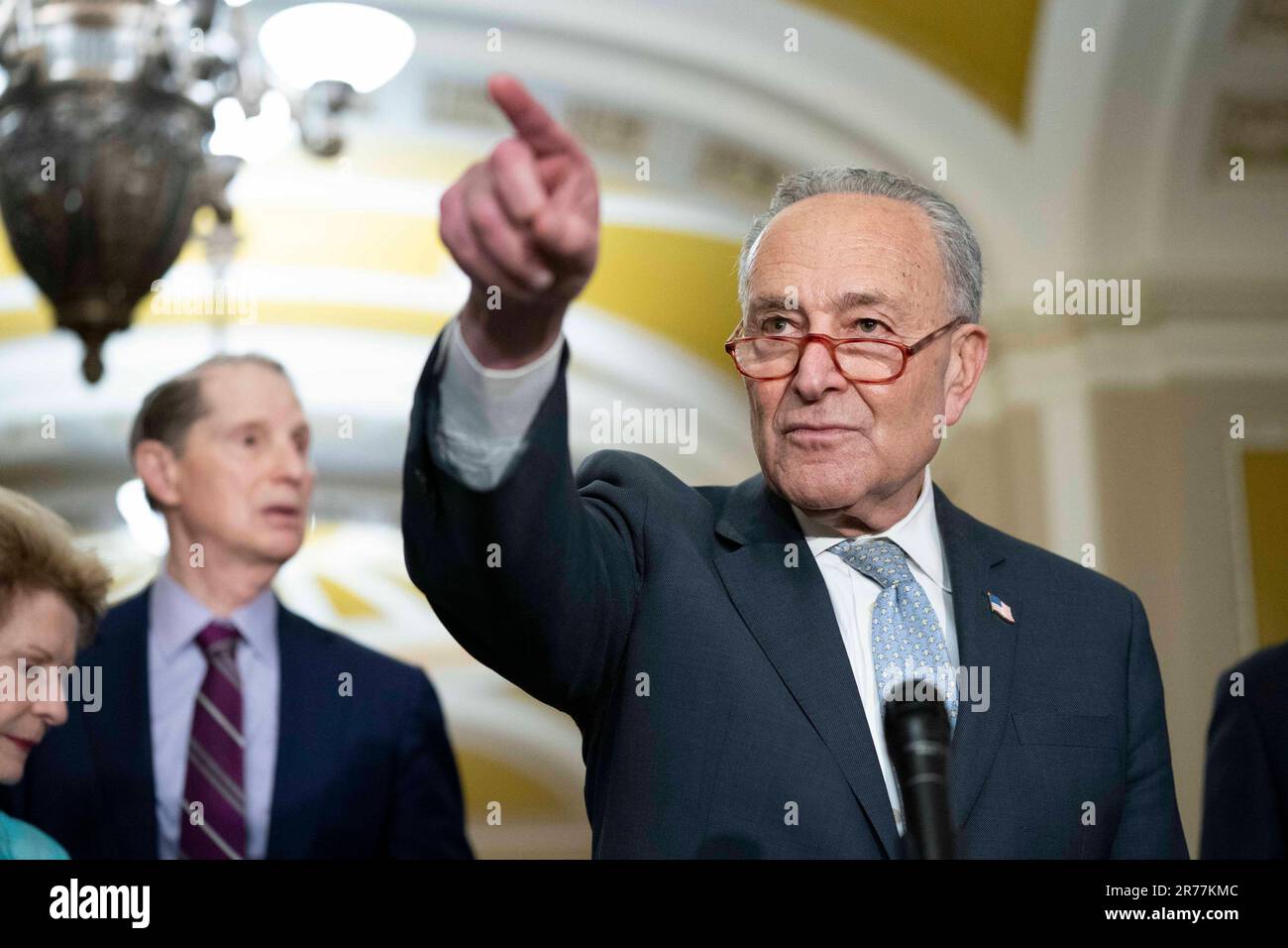 Washington, United States. 13th June, 2023. Senate Majority Leader Chuck Schumer, D-NY, takes questions during a press conference after weekly caucus luncheons at the U.S. Capitol in Washington, DC on Tuesday, June 13, 2023. Photo by Bonnie Cash/UPI Credit: UPI/Alamy Live News Stock Photo
