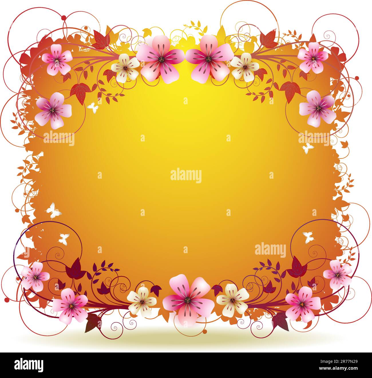 Orange background with flowers and butterflies isolated on white Stock Vector