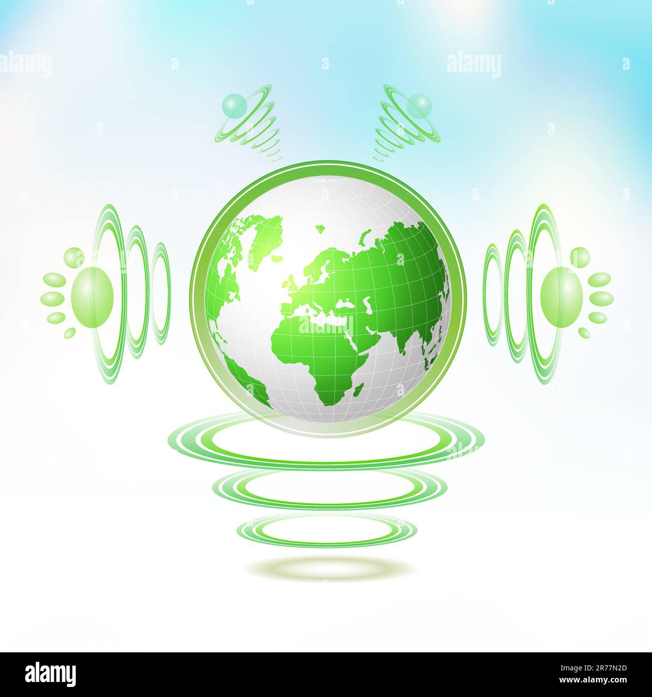 Eco Green Earth character suspended with waves on blue background Stock Vector