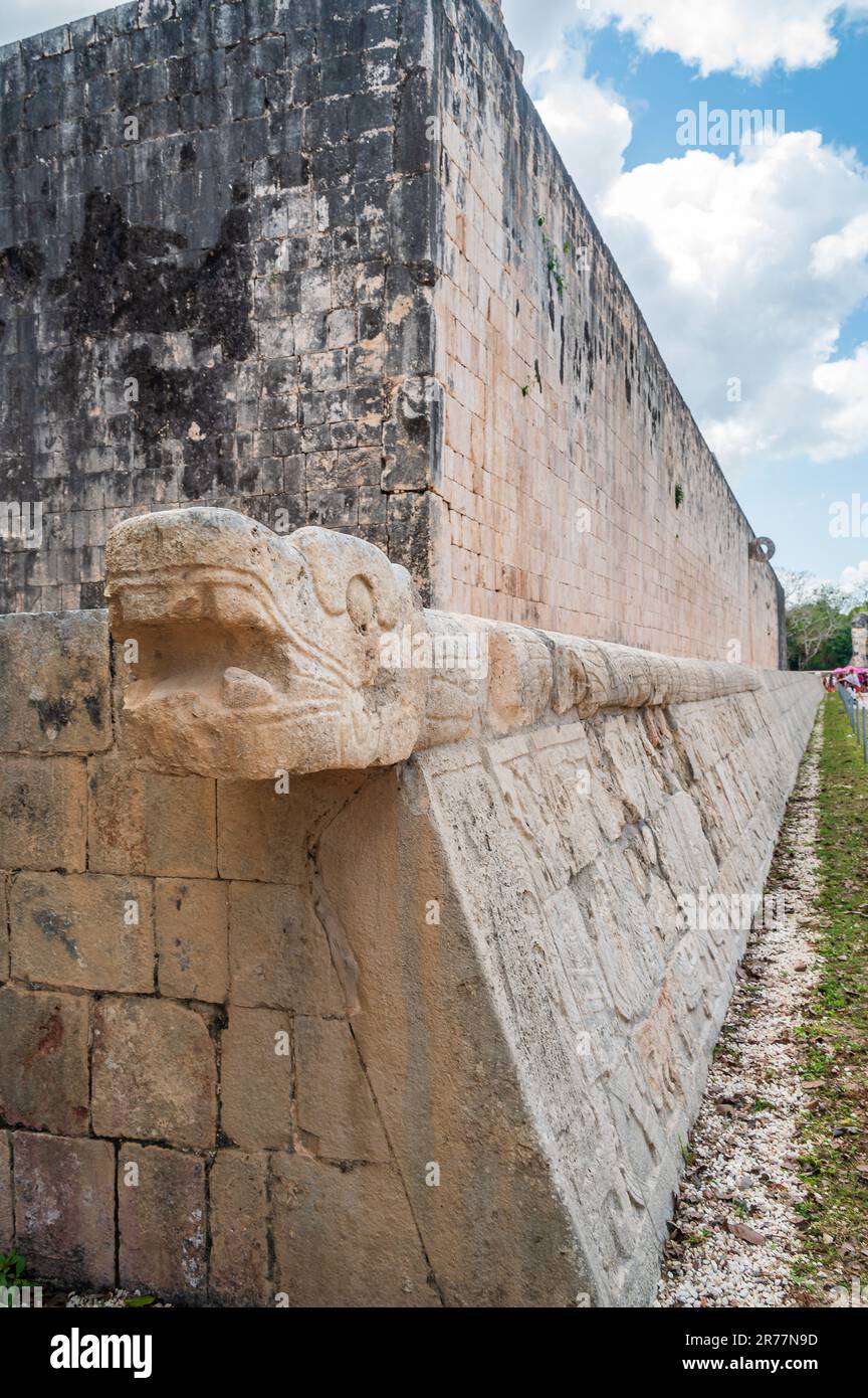 Maya statue representing a snake on a temple in Chichen Itza, one of the Unesco World Heritage Site of Mexico Stock Photo
