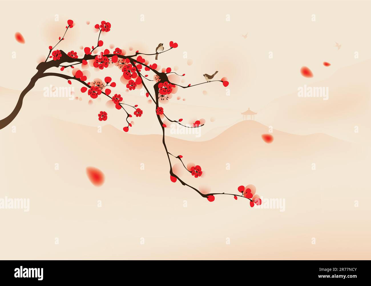 Birds resting on the branches of plum blossom tree with hills background. Vectorized brush painting. Stock Vector