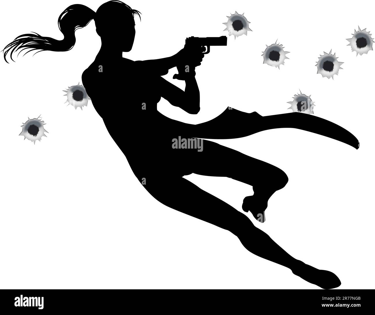 Female heroin leaping through the air in film style gunfight action sequence. Stock Vector