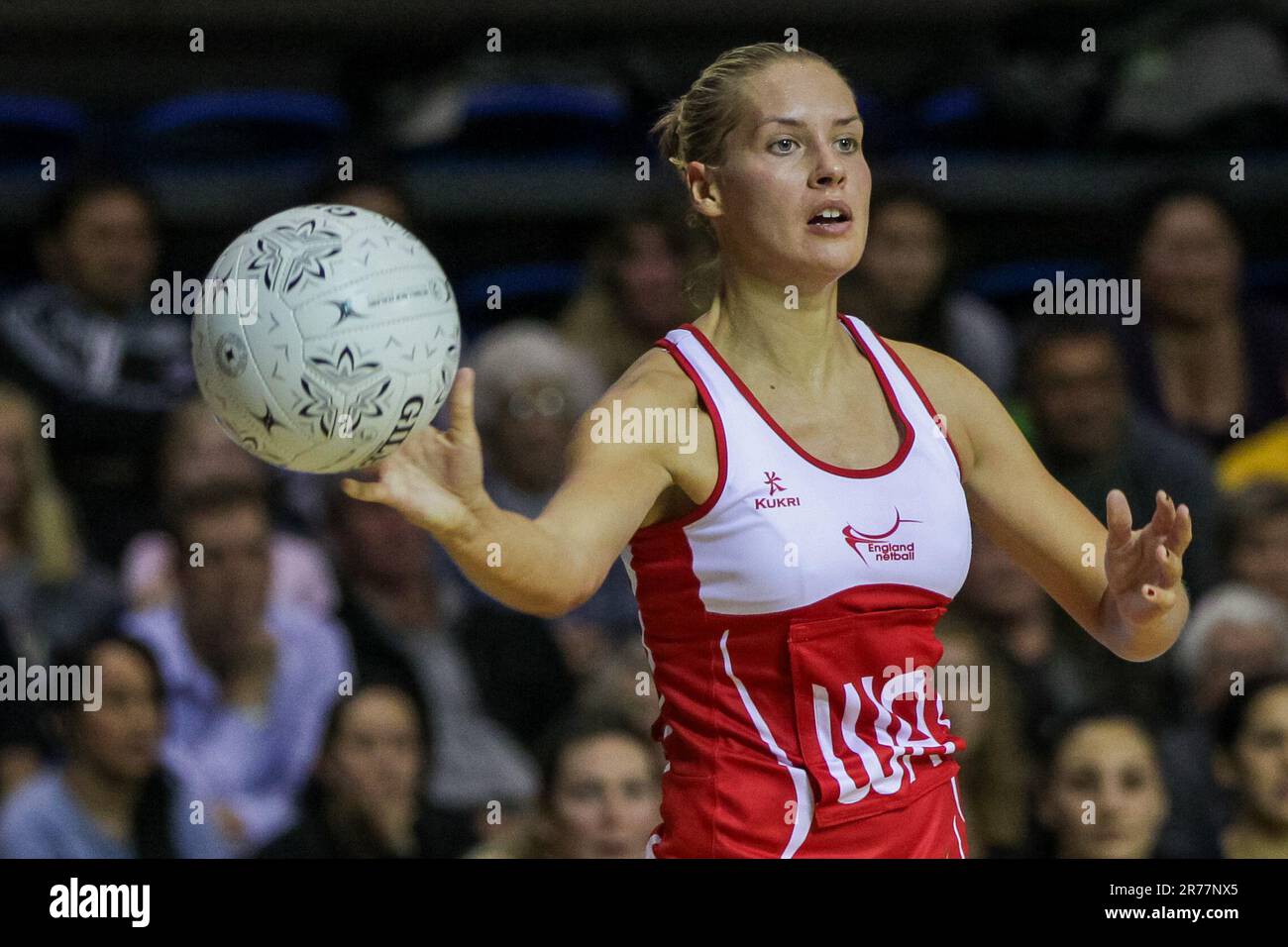 England’s Tamsin Greenaway in action against England during a New World Netball Series match, Trusts Stadium, Auckland, New Zealand, Monday, October 03, 2011. Stock Photo