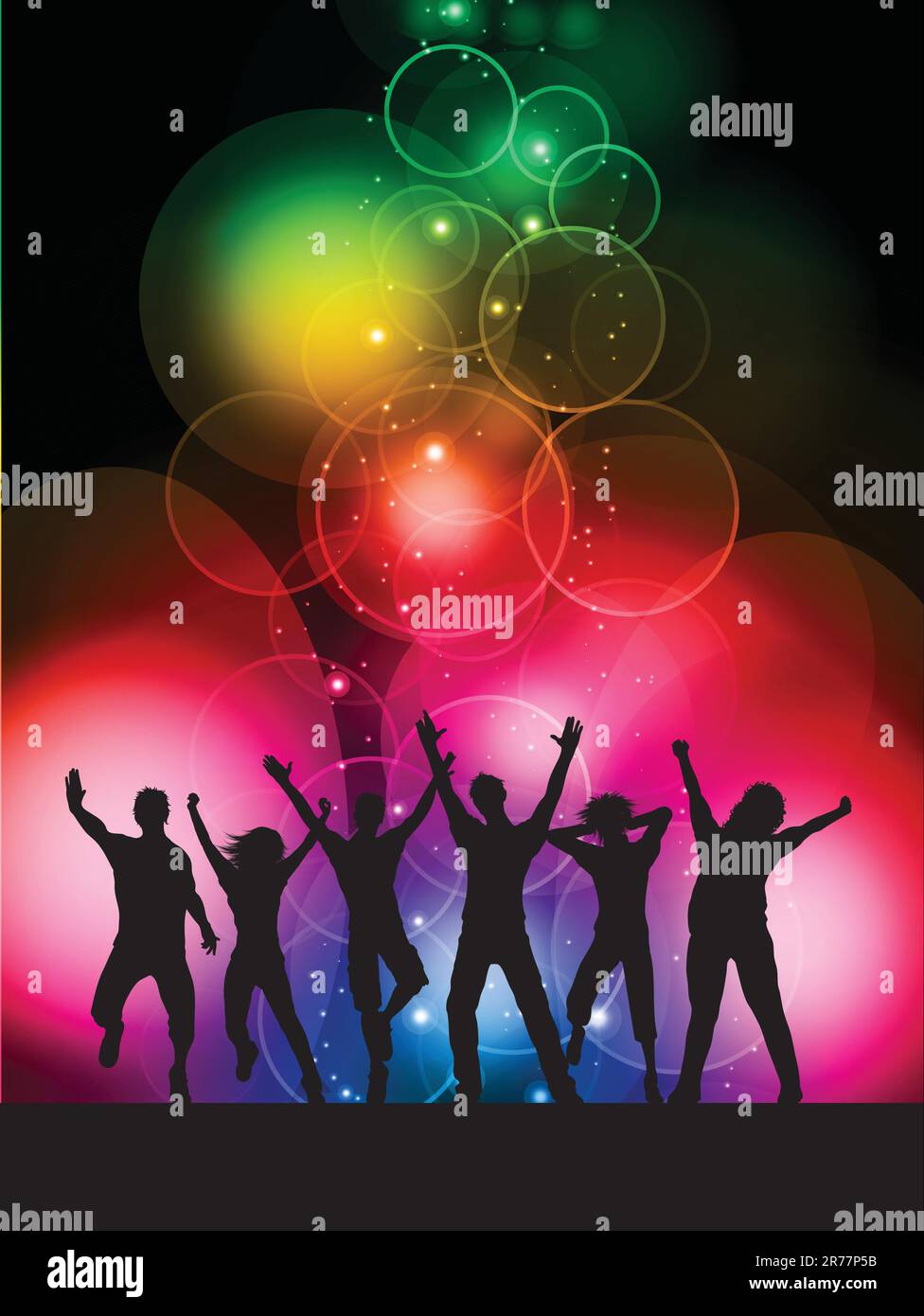 Silhouettes of people dancing on a colourful bokeh lights background ...