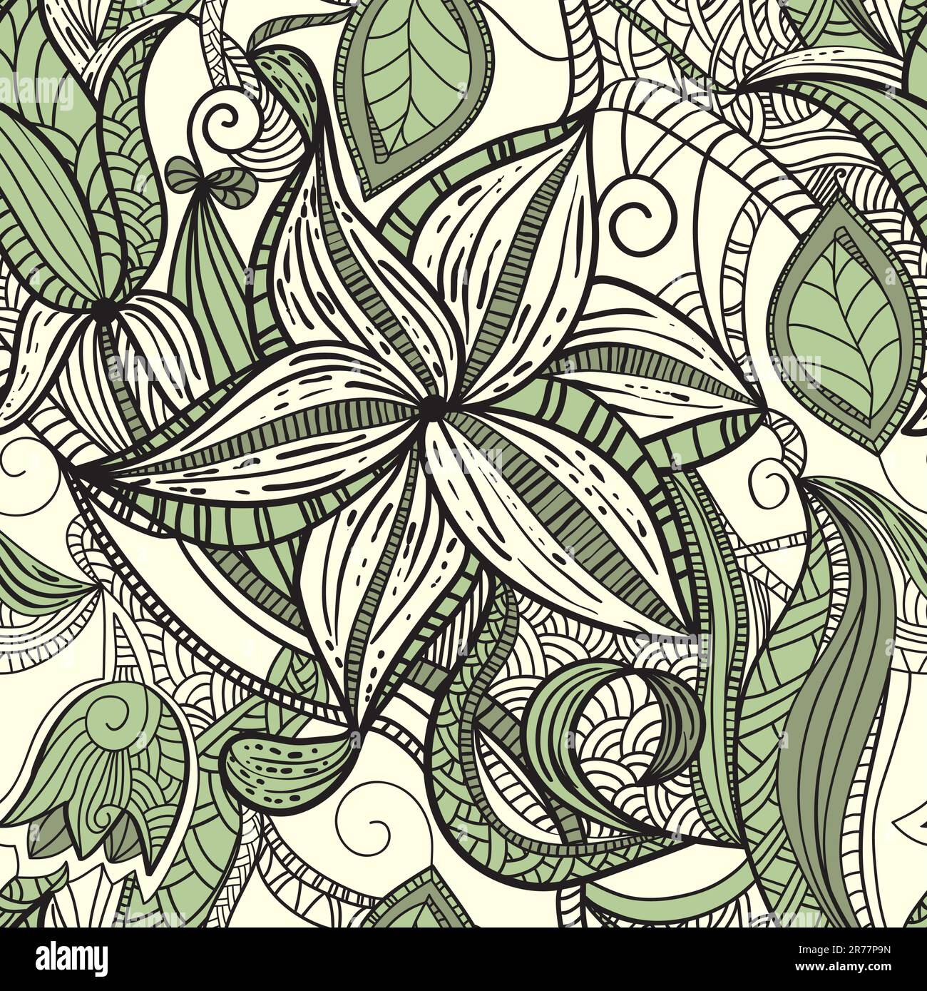 vector seamless hand drawn floral pattern in green, clipping masks ...