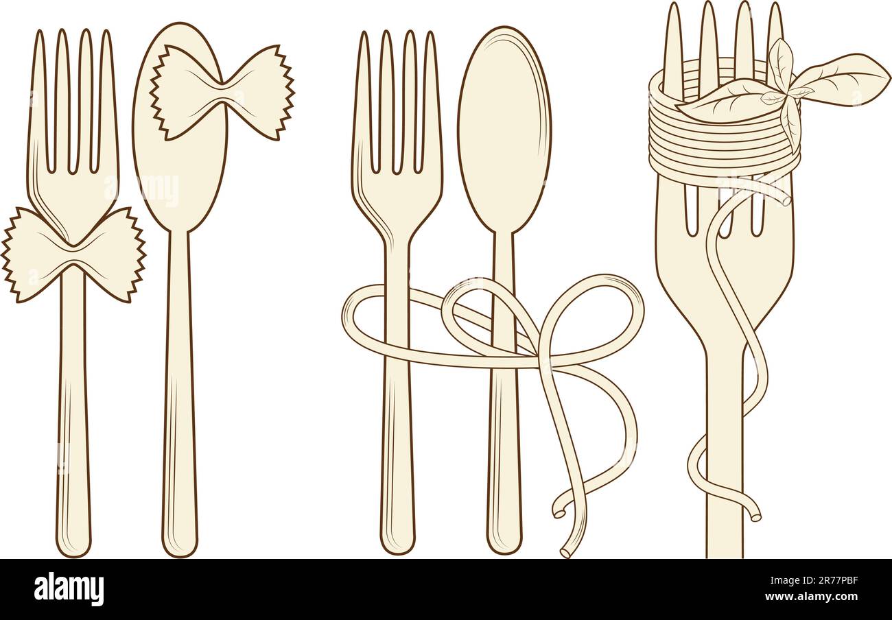 Vector picture with elements for menu: fork, spoon, pasta, basil Stock Vector