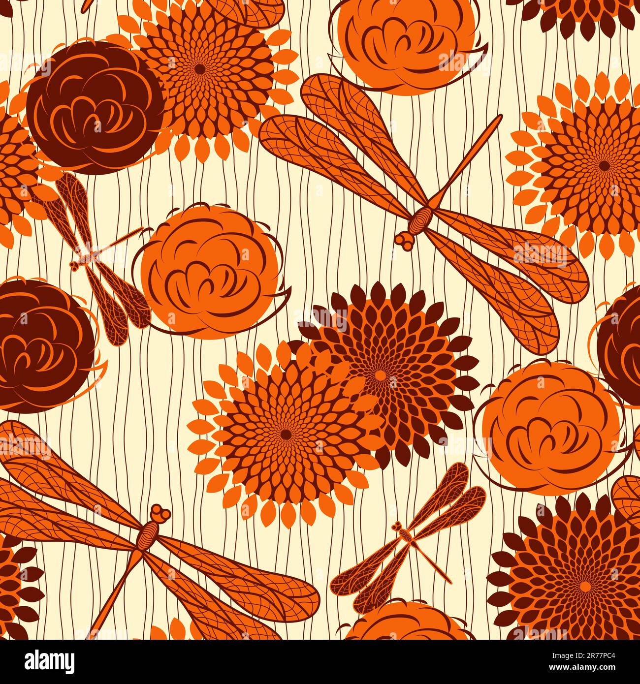vector seamless background with vintage flowers and dragonflies ...
