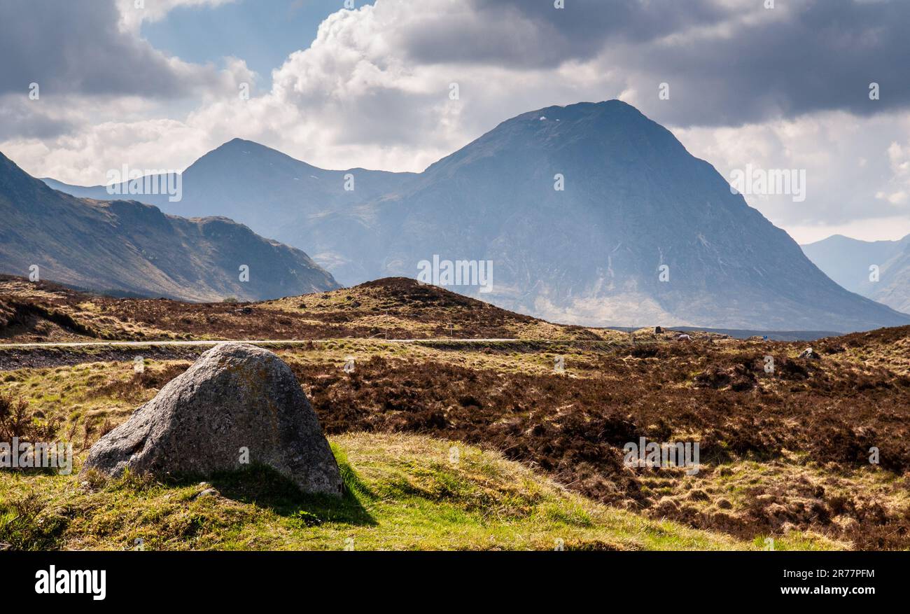 Buachaille Etive Mor mountain rises from the peat bog landscape of Rannoch Moor in the Highlands of Scotland. Stock Photo