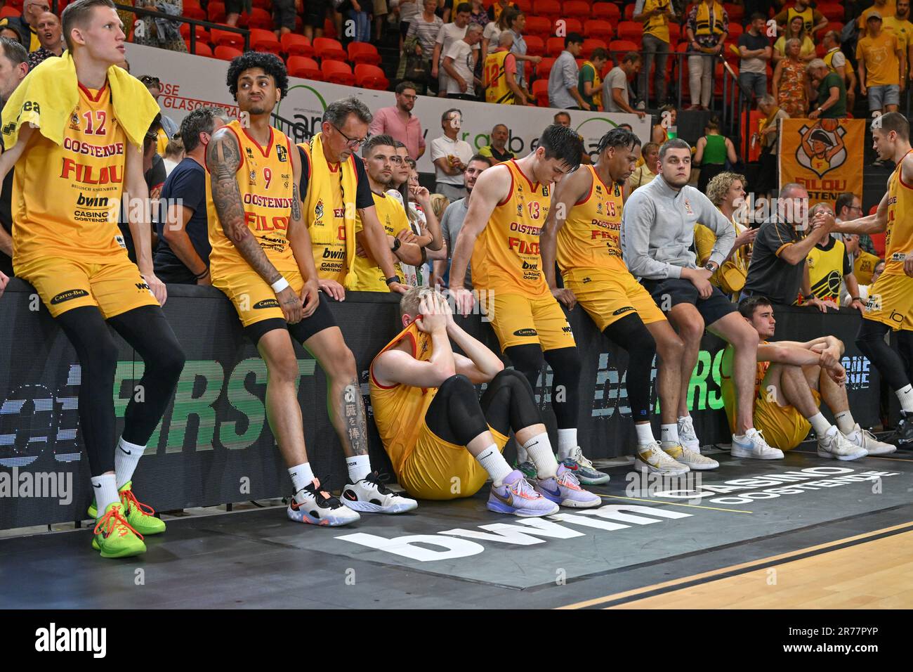Oostende, Belgium. 13th June, 2023. players of BC Oostende pictured looking  dejected and disappointed after losing a basketball game between Belgian BC  Filou Oostende and ZZ Leiden on the second matchday of