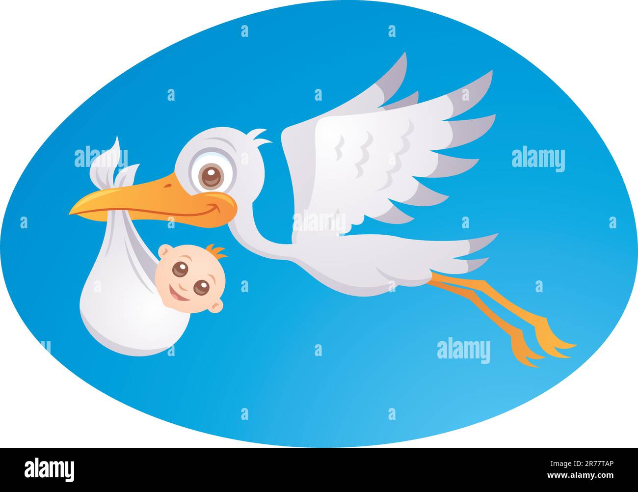 Vector cartoon illustration of a stork delivering a cute little newborn baby. Stock Vector