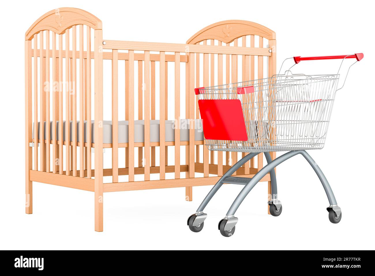 Baby crib, infant bed with shopping cart. 3D rendering isolated on ...