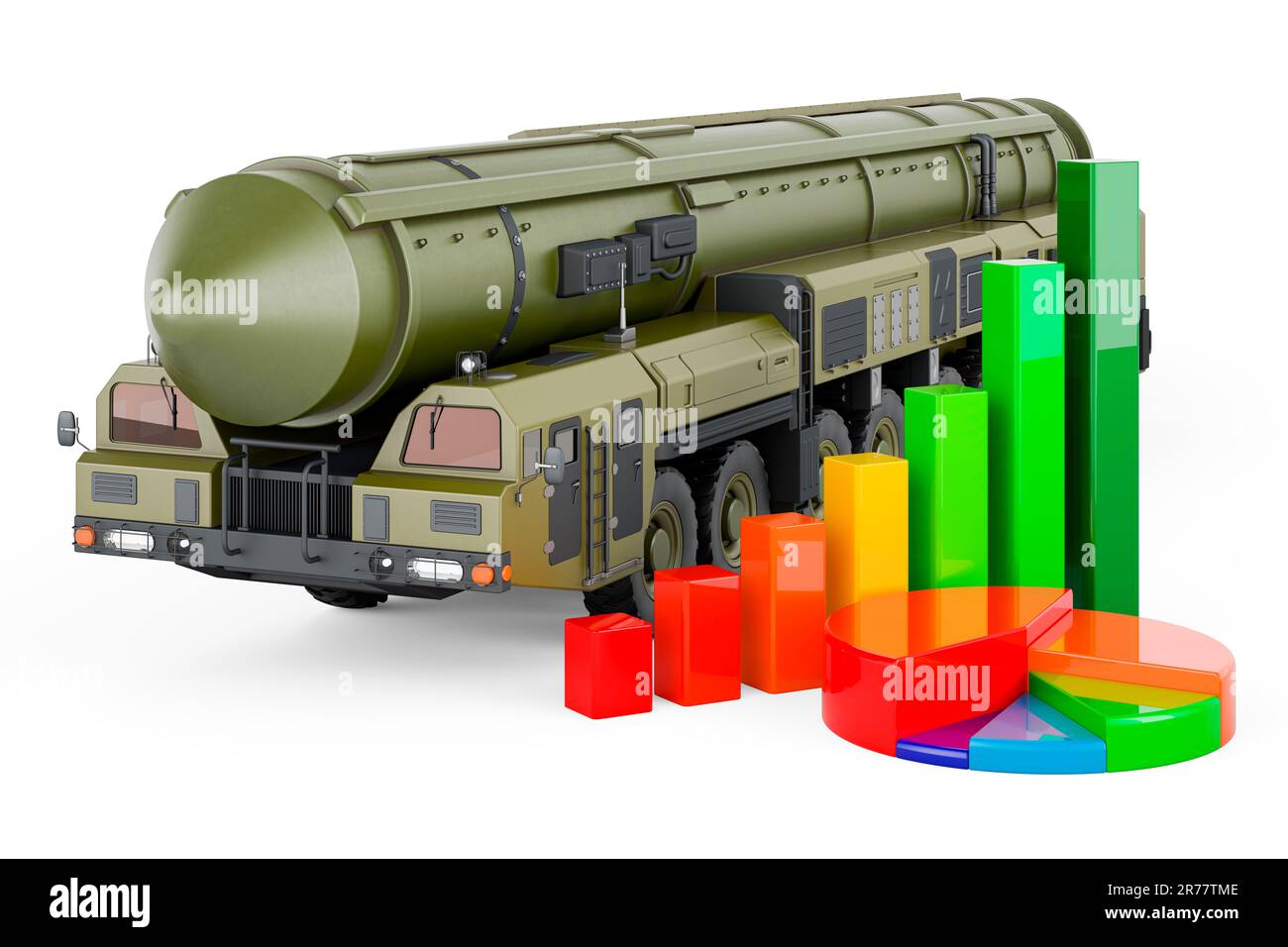 Scud missile, mobile short-range ballistic missile system with growth bar graph and pie chart. 3D rendering isolated on white background Stock Photo