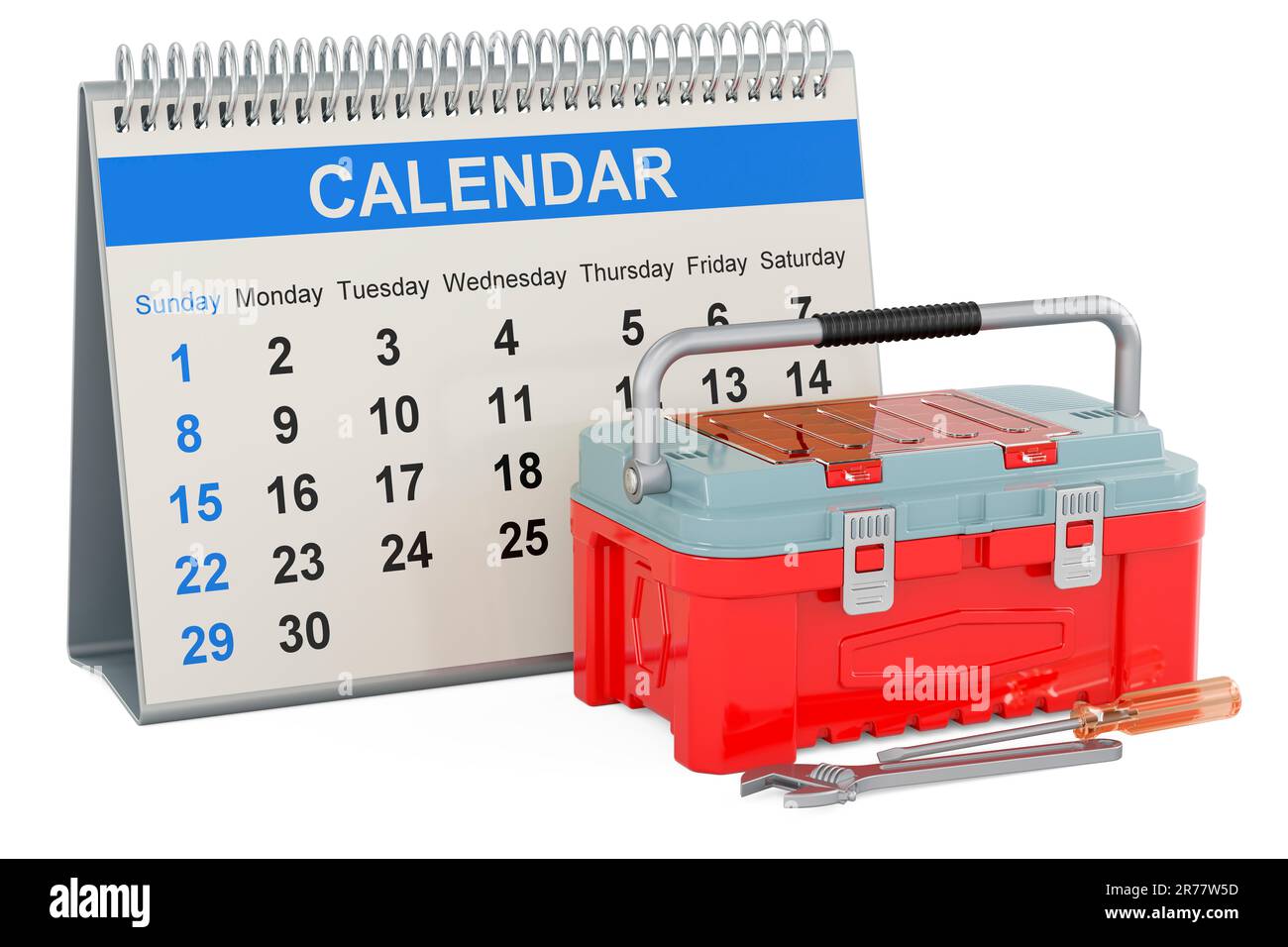 Toolbox with desk calendar, 3D rendering isolated on white background ...