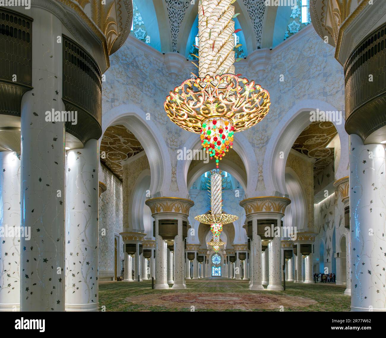 Three  of seven crystal chandeliers by Faustig of Munich, Germany in the Sheik Zayed Grand Mosque, Abu Dhabi, UAE Stock Photo