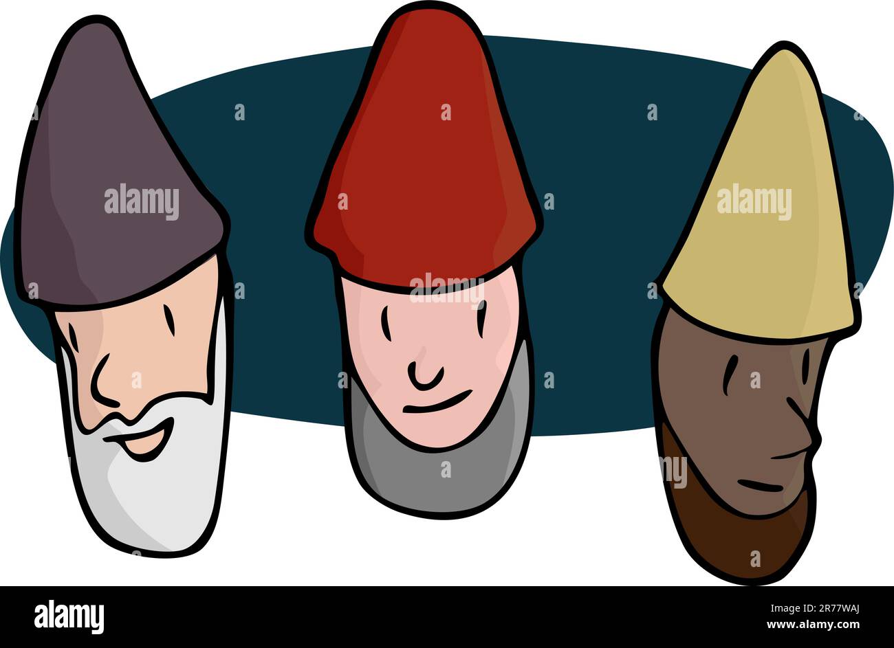 Portraits of three bearded gnomes, wizards or religious men in various skin colors. Stock Vector