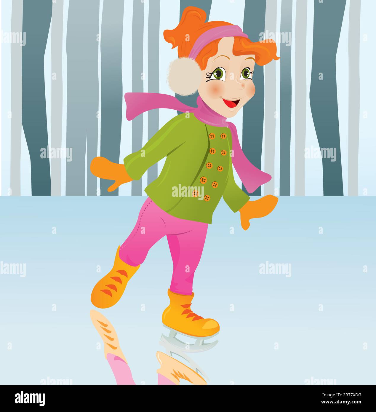 Ice skating girl. Small girl with big smile on ice. Vector cartoon