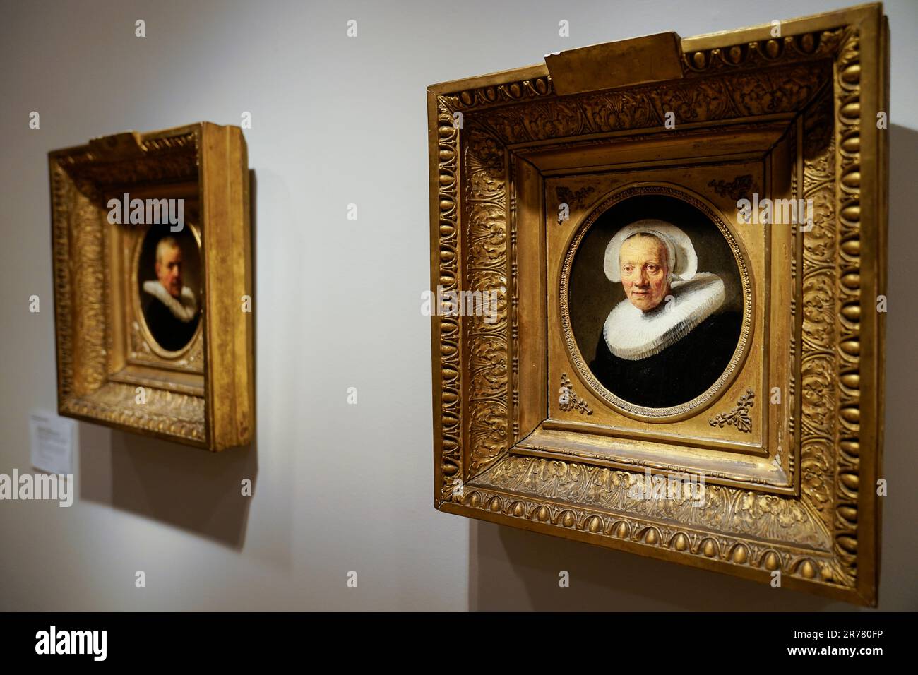 Exceptionally rare paintings by the great Dutch master Rembrandt hang at  Christie's auction house, Tuesday, June 13, 2023, in New York. The two oil  portraits dated on 1635 depict members of the
