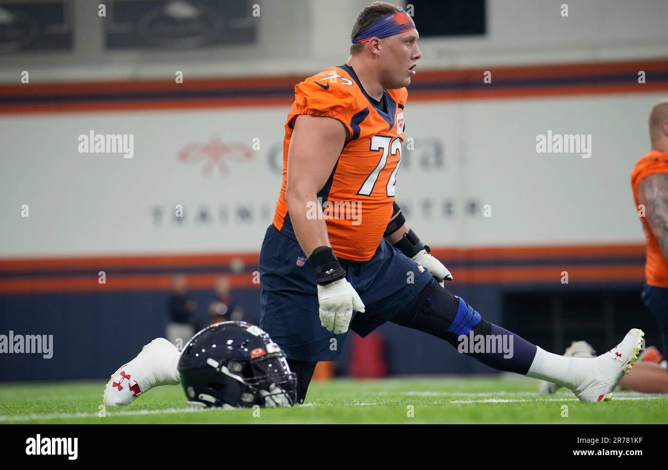 Denver Broncos offensive tackle Garett Bolles takes part in drills during a  mandatory NFL football minicamp at the Broncos' headquarters Tuesday, June  13, 2023, in Centennial, Colo. (AP Photo/David Zalubowski Stock Photo 