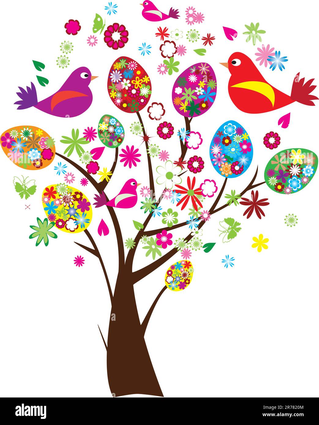 vector illustration of easter tree with floral eggs and birds Stock ...