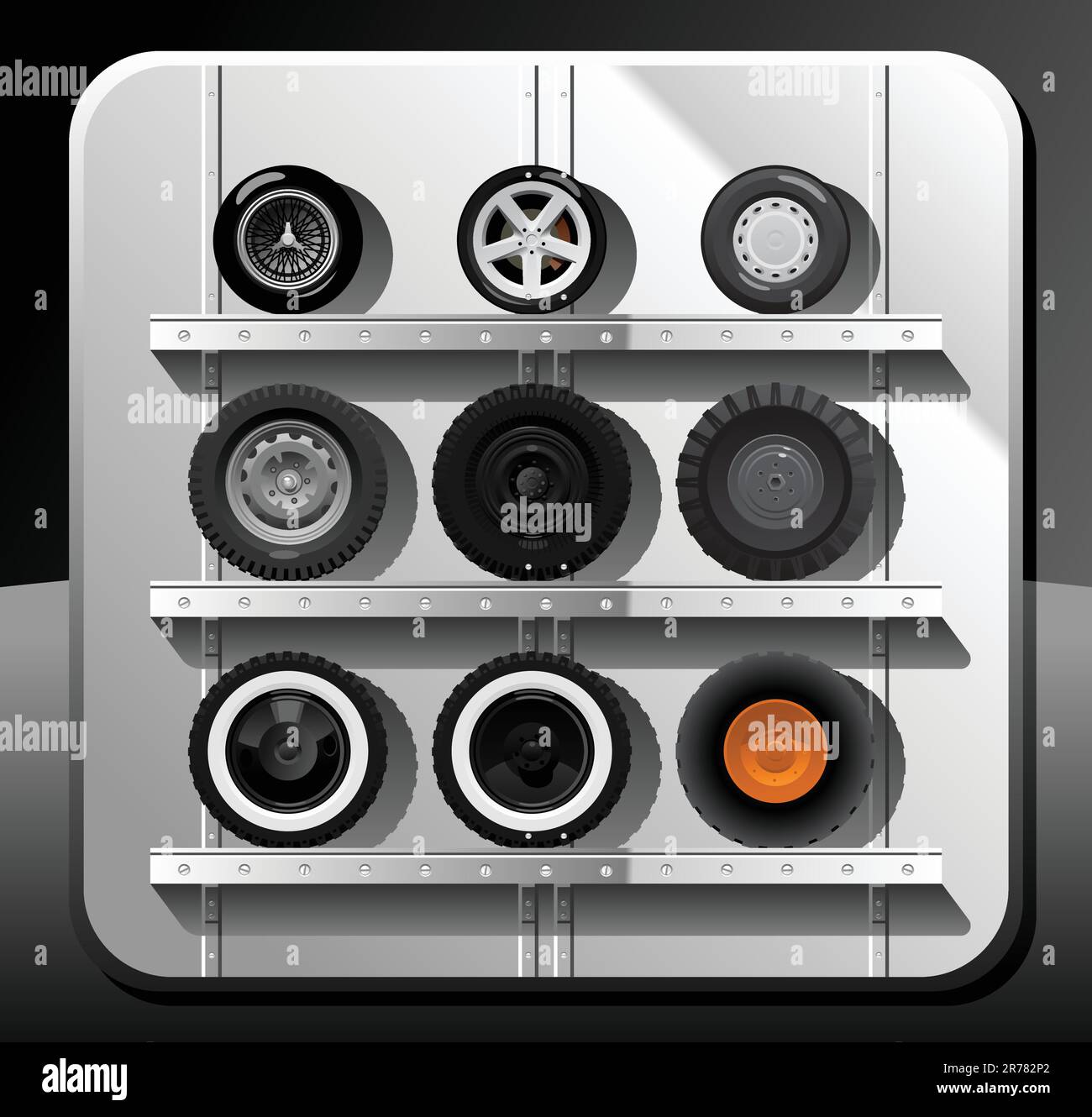 Various tires and wheels. Simple gradients only - no gradient mesh. Stock Vector
