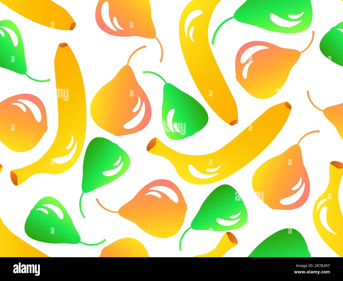 Seamless pattern with bananas and pears in 3d style. Summer fruit mix with pear and banana on white background. Design for printing on paper and fabri Stock Vector