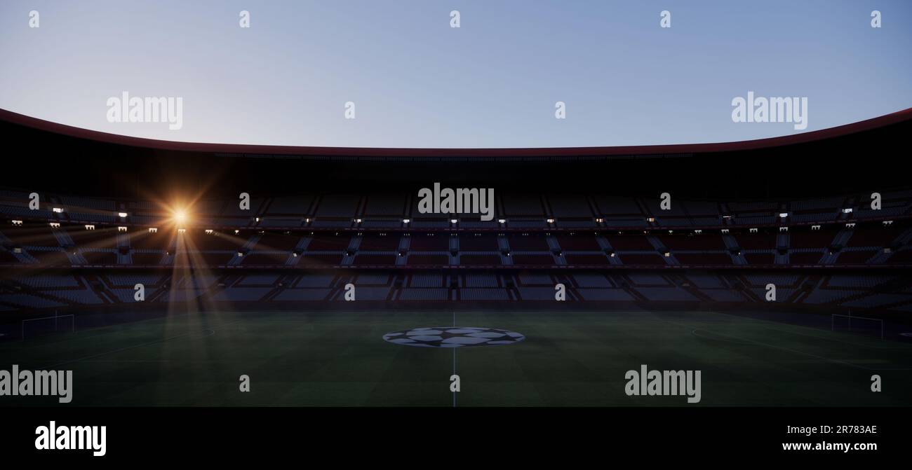 3D photorealistic rendering illustration of an empty stadium with Champions League Logo in the middle of the pitch Stock Photo