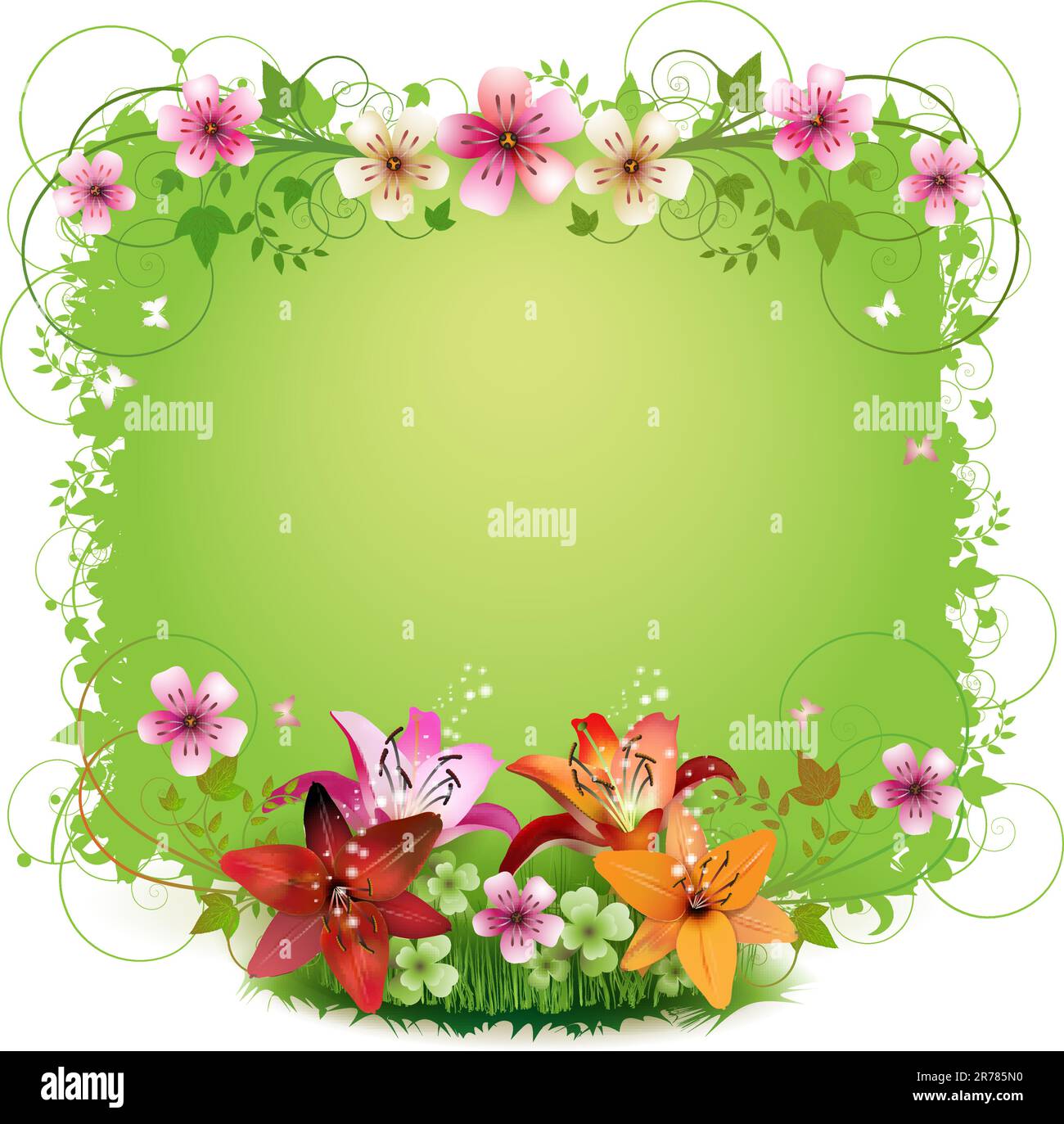 Green background with flowers and butterflies isolated on white Stock ...