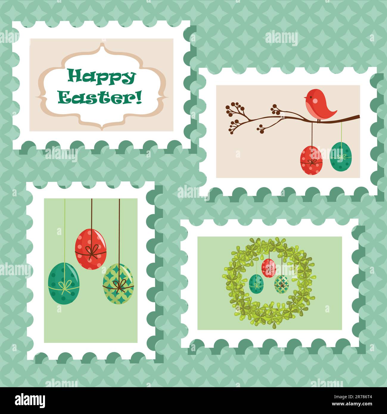 Easter postal stamps set, vector illustration Stock Vector