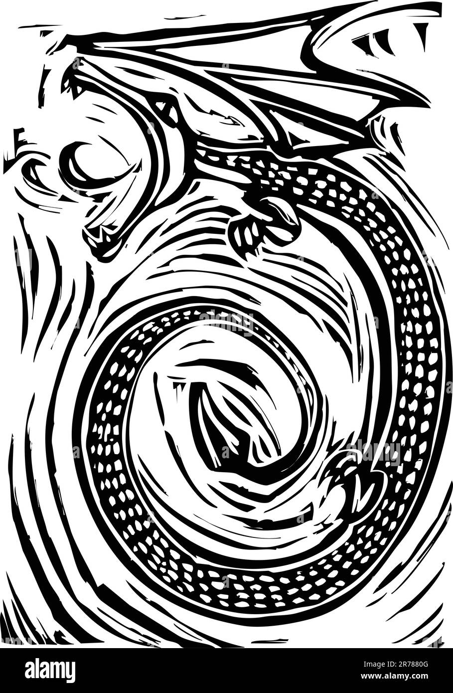Rough woodcut image of a dragon breathing fire . Stock Vector