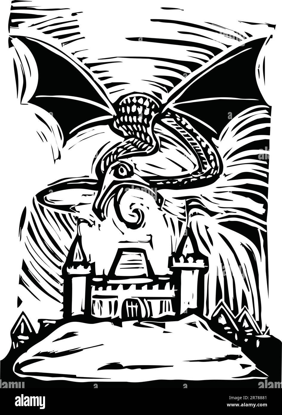 Woodcut Dragon shoots fire to burn down a castle Stock Vector