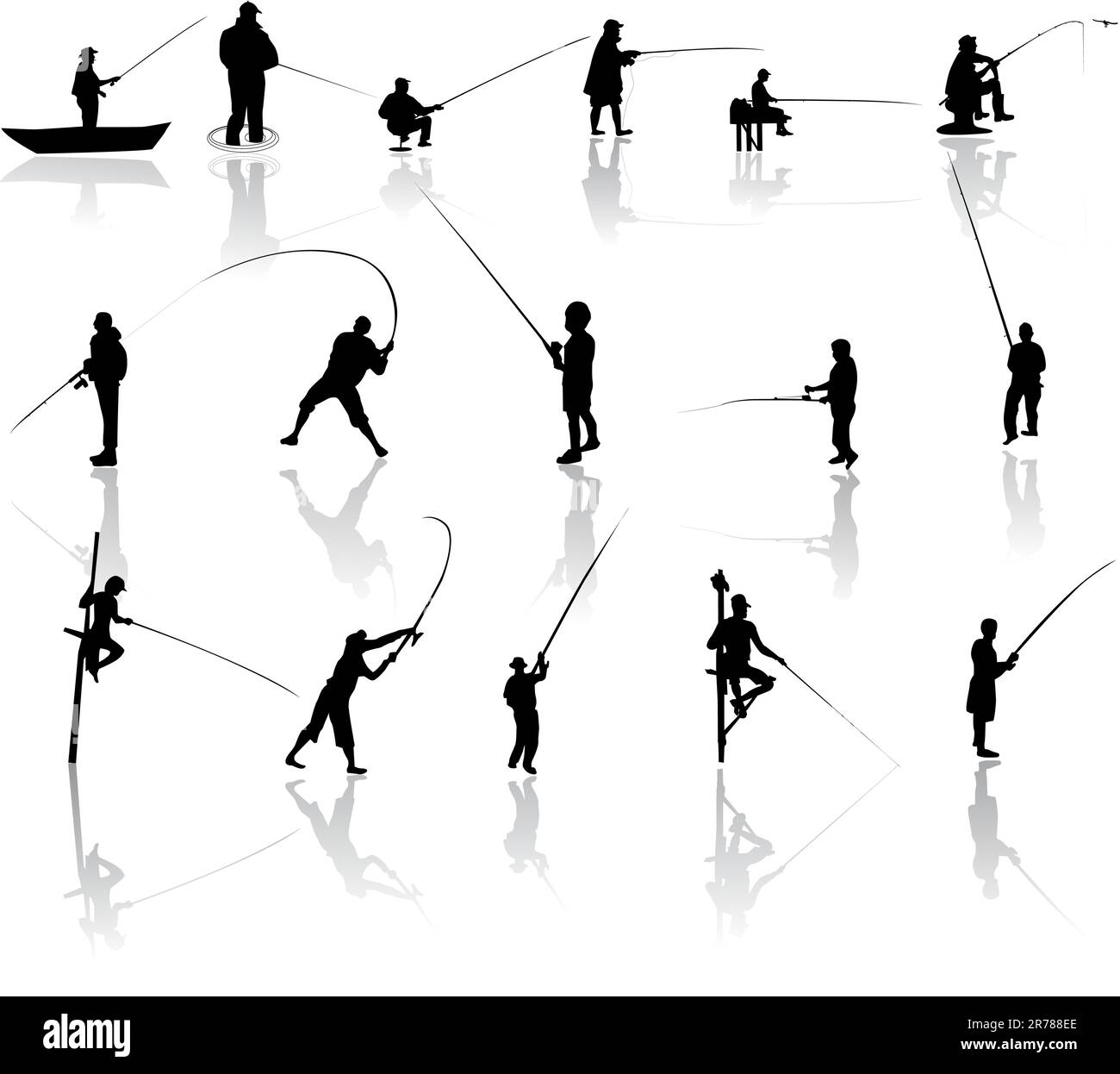 Set of Fisherman vector silhouettes black on white Stock Vector