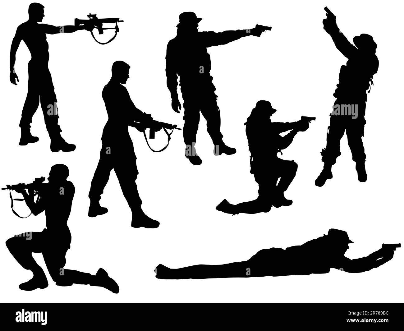 vector 10 eps illustration of soldier silhouettes with guns in their hands Stock Vector