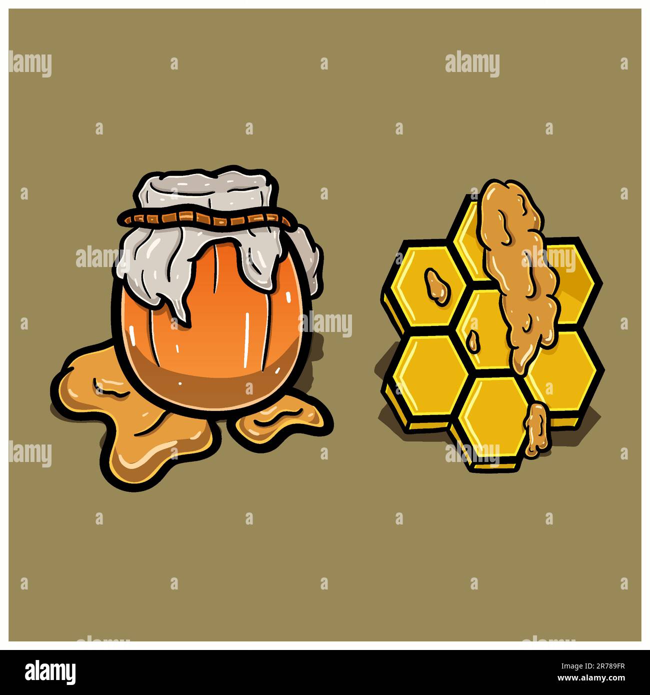 Honey Cartoon With Hexagon and Honey Jar. Simple Effect. Vector and