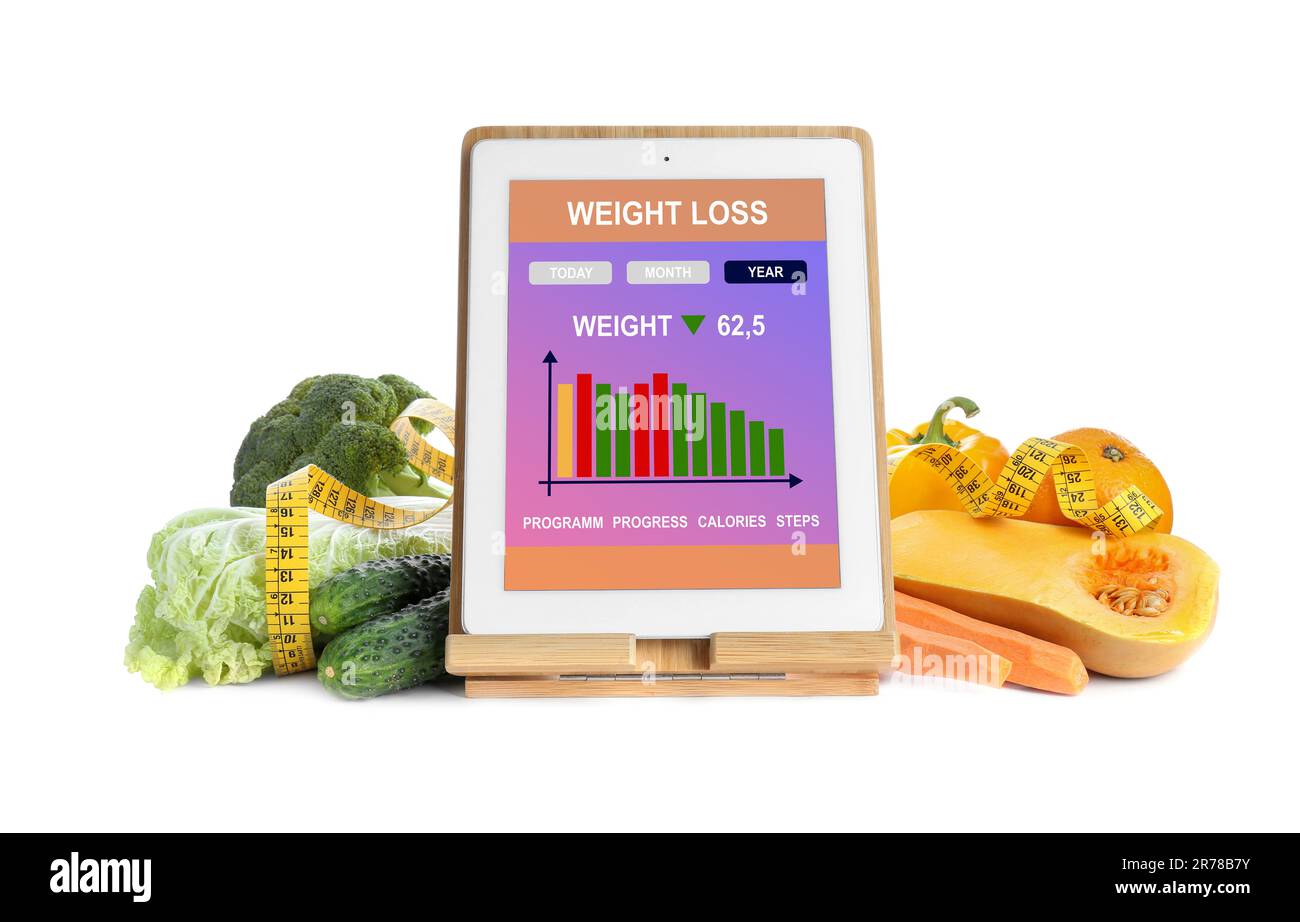 Tablet with weight loss calculator application and food products on ...