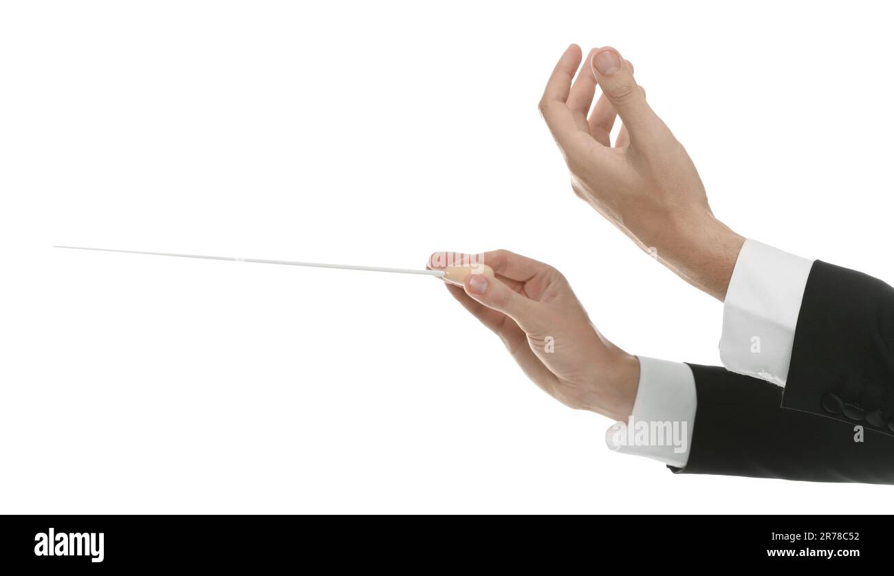 Professional conductor with baton on white background, closeup Stock