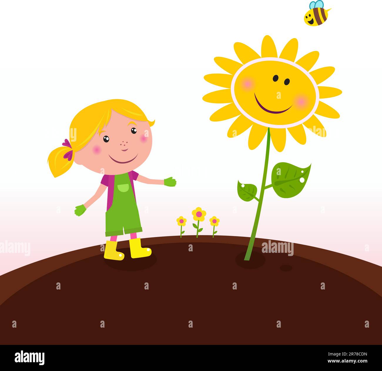 Little girl looking on flower growth in spring garden. Vector Illustration. Stock Vector