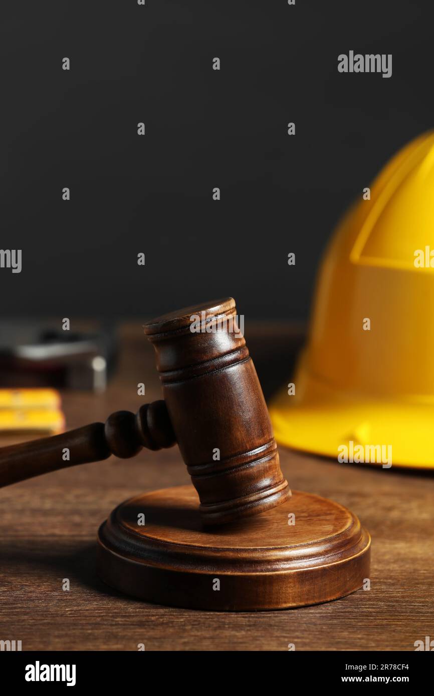 Construction and land law concepts. Gavel on wooden table Stock Photo