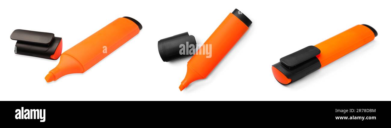Collage with bright orange marker on white background Stock Photo