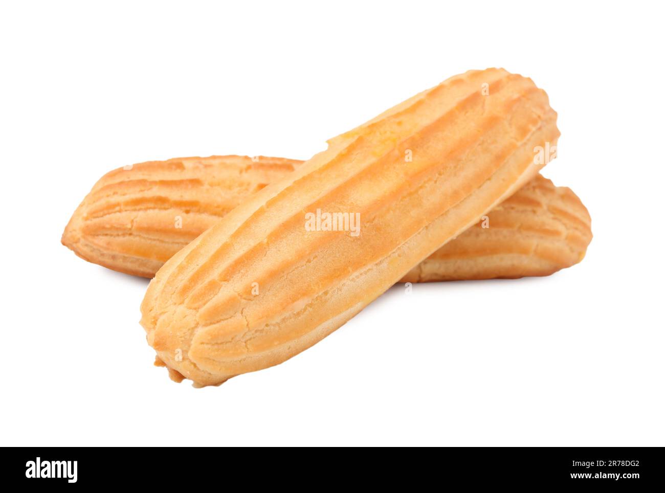 Two fresh delicious eclairs isolated on white Stock Photo