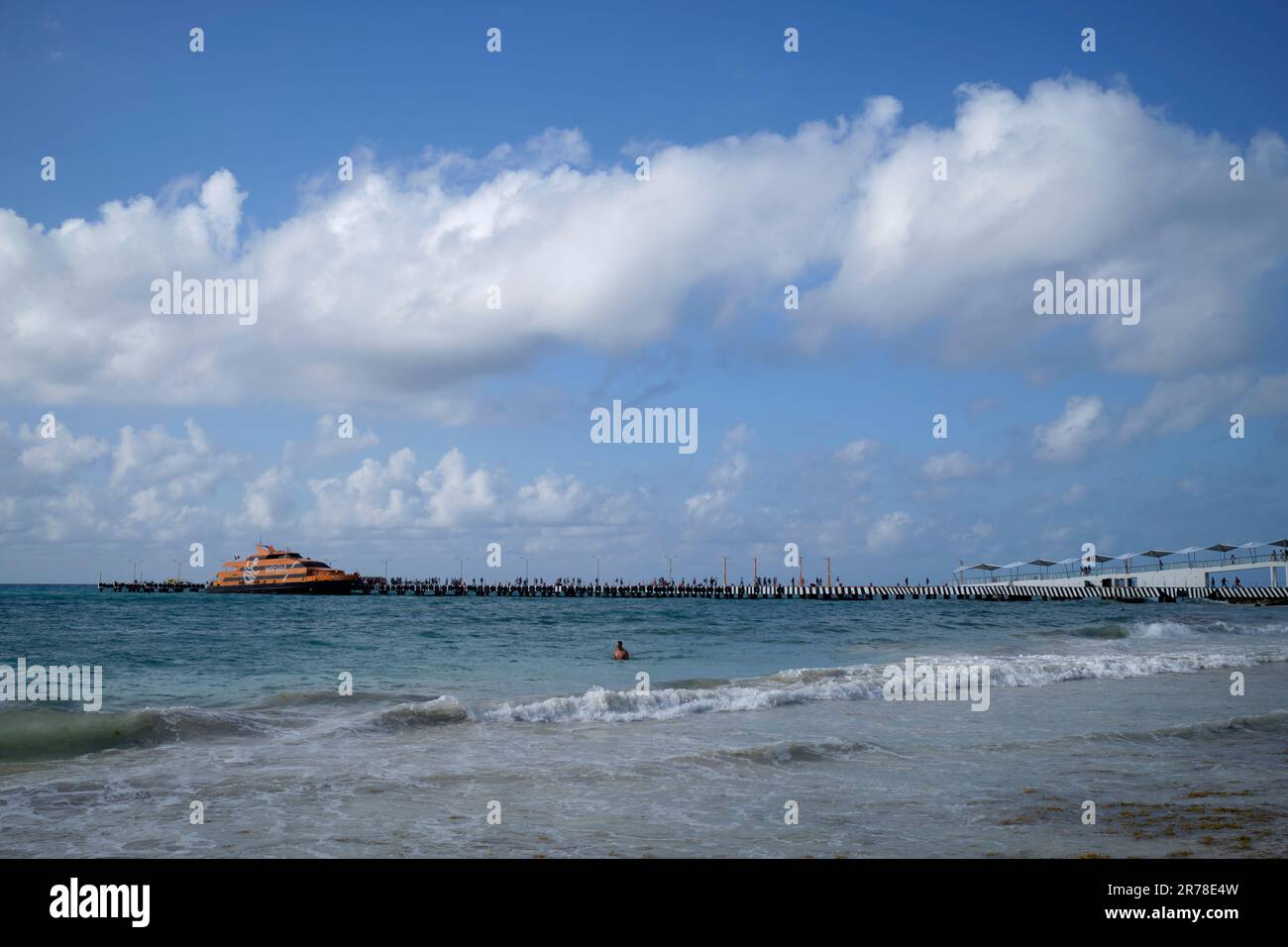 View to Winjet Ferry Pier for trips to Cozumel Playa Del Carmen Yucatan Mexico Stock Photo