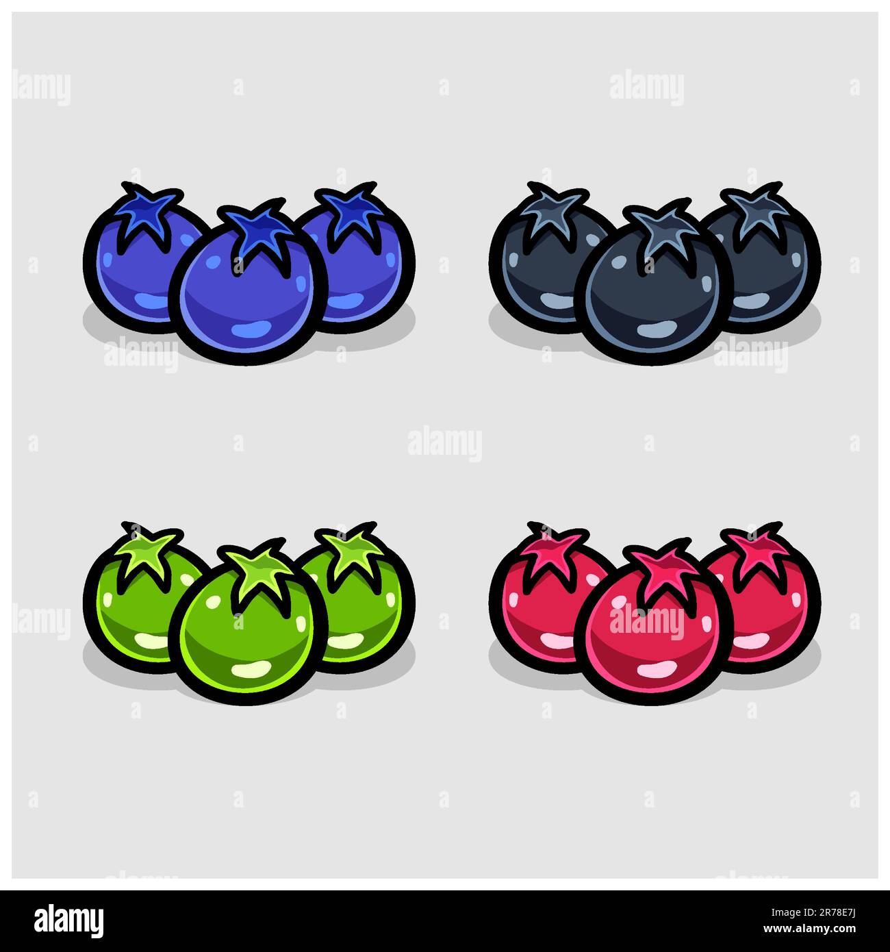 Blueberry Cartoon With Four Color Different. Simple Effect. Vector and