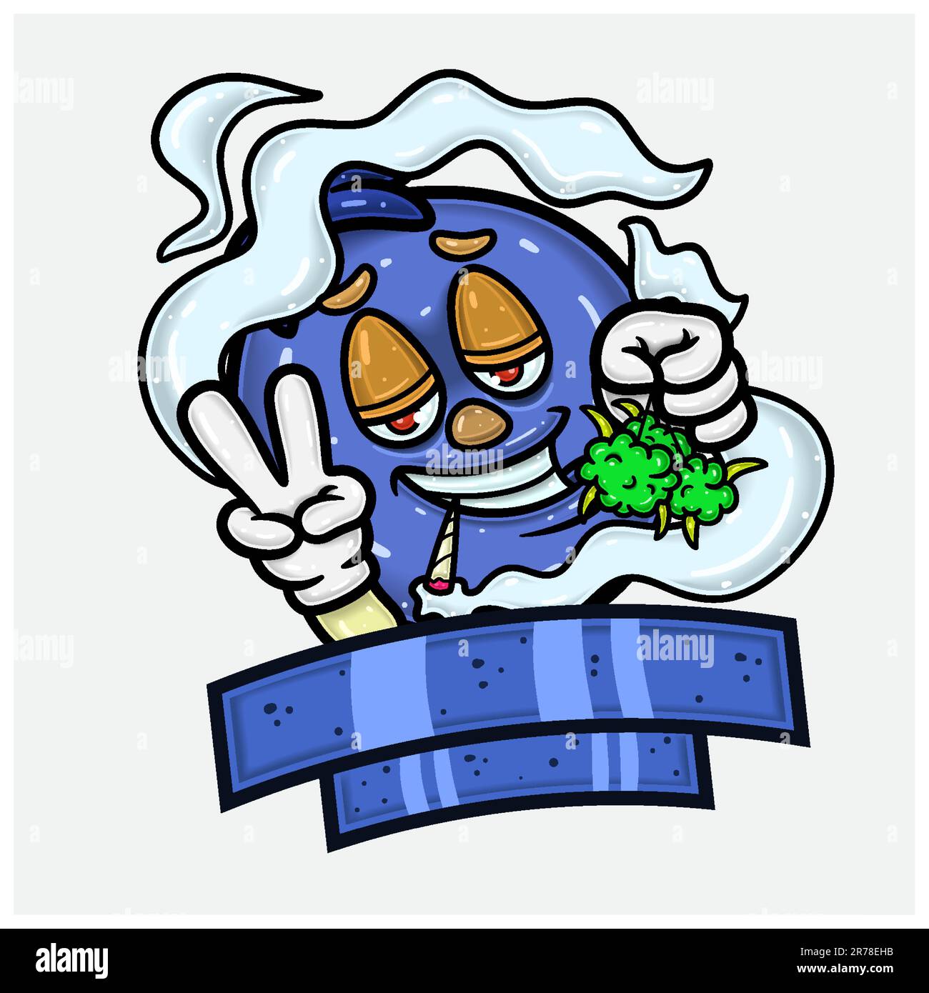 Blueberry Fruit Mascot Cartoon Characters With Weed Bud, Smoking and Blank Sign Label. Stock Vector